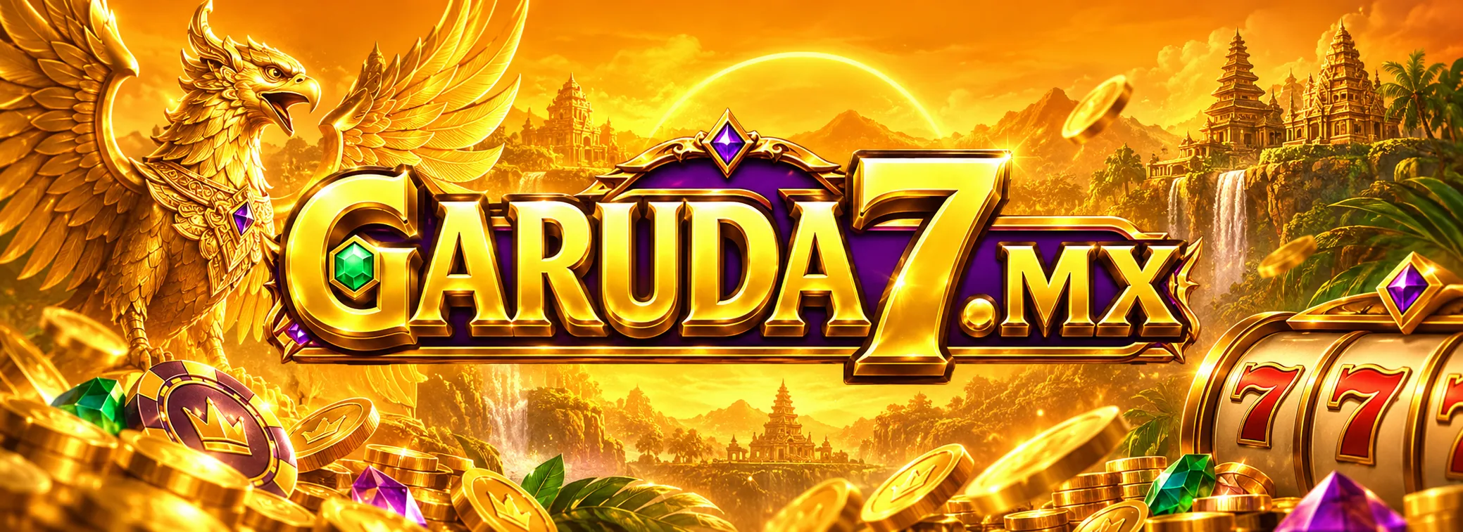 Banner de Garuda7 Casino con el bono de bienvenida y el logo dorado sobre fondo oscuro
